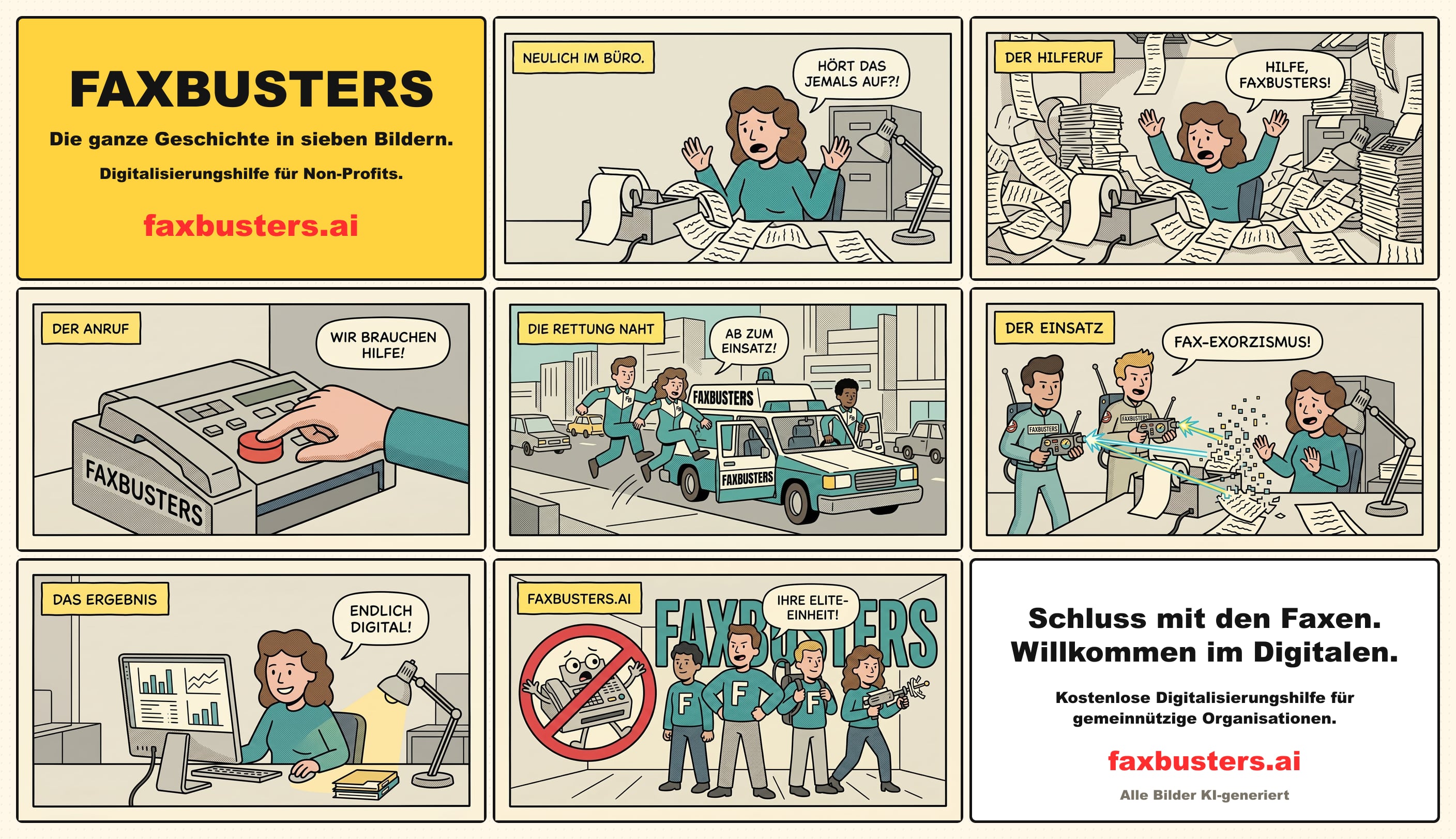 Comic-Seite: alle sieben Panels der Faxbusters-Geschichte auf einen Blick — vom Papierchaos über den Notruf und den Einsatz bis zum digitalen Arbeitsplatz.