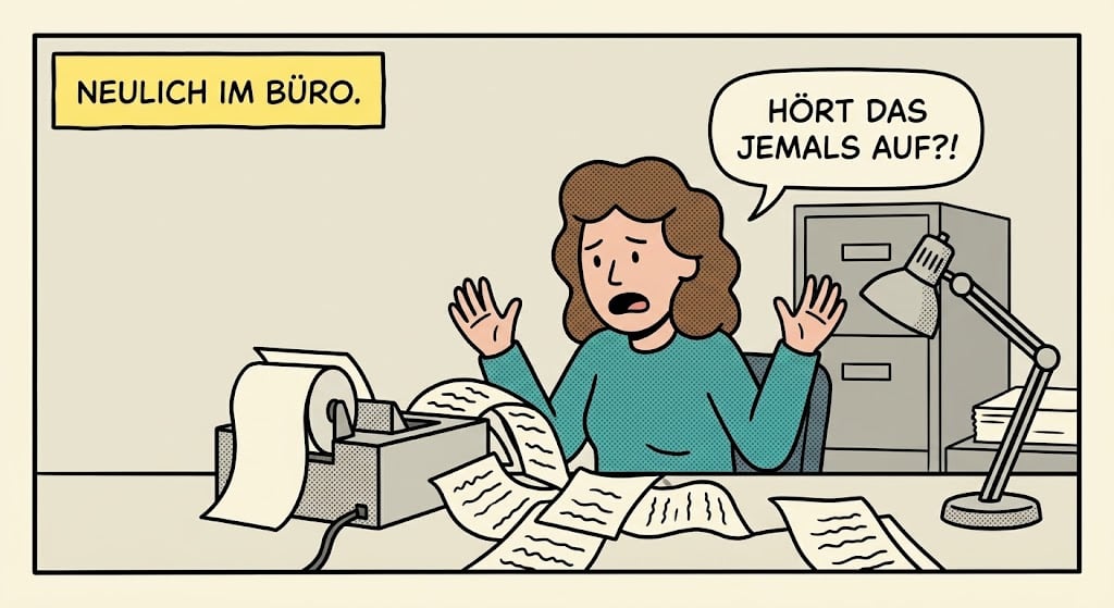 Comic-Panel: Eine Mitarbeiterin sitzt am Schreibtisch, aus dem Faxgerät quillt endlos Papier. Sie fragt entnervt: „Hört das jemals auf?!“