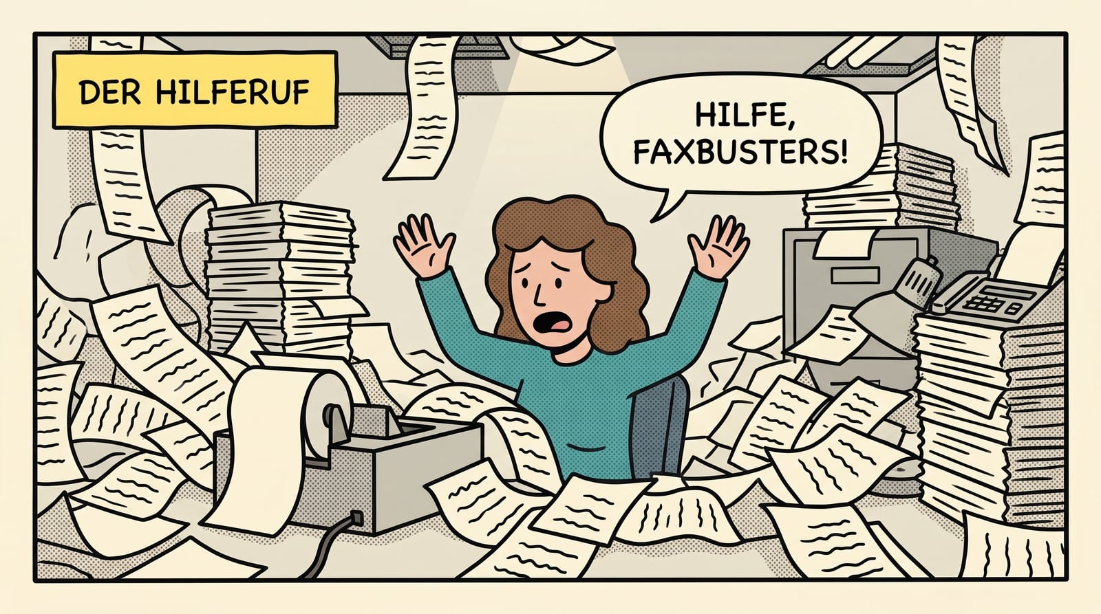 Comic-Panel: Das ganze Büro versinkt in Papierstapeln und Faxrollen. Die Mitarbeiterin ruft: „Hilfe, Faxbusters!“