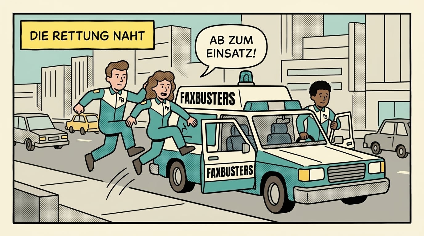 Comic-Panel: Drei Faxbusters springen in ihren Einsatzwagen und fahren los. Sprechblase: „Ab zum Einsatz!“