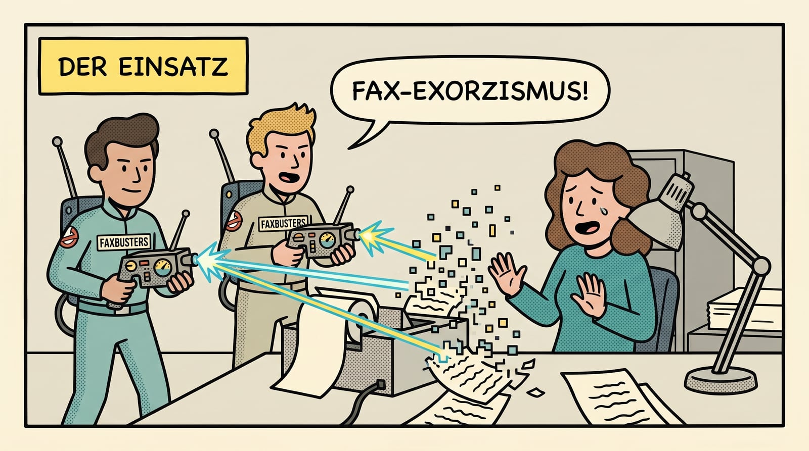 Comic-Panel: Zwei Faxbusters lösen das Faxgerät mit Strahlengeräten in digitale Pixel auf. Sprechblase: „Fax-Exorzismus!“