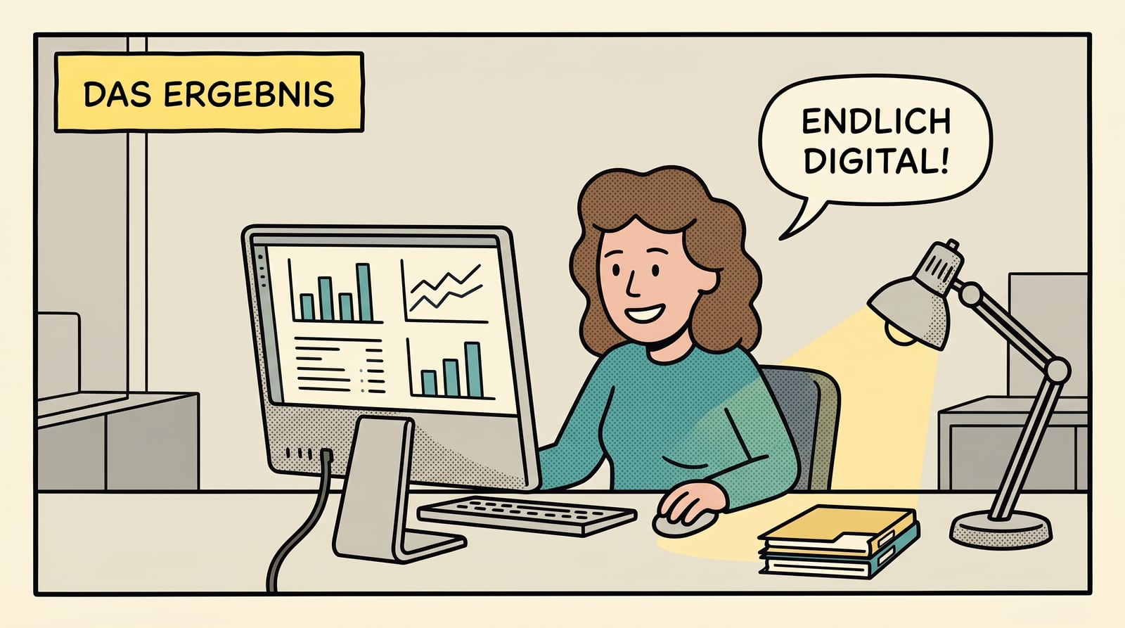 Comic-Panel: Die Mitarbeiterin arbeitet zufrieden am Computer, auf dem Bildschirm Diagramme statt Papier. Sprechblase: „Endlich digital!“
