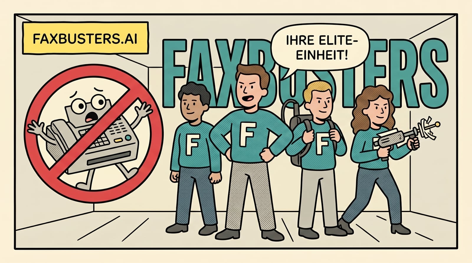 Comic-Panel: Das Faxbusters-Team steht vor dem großen Schriftzug „Faxbusters“, daneben ein durchgestrichenes Faxgerät. Sprechblase: „Ihre Elite-Einheit!“